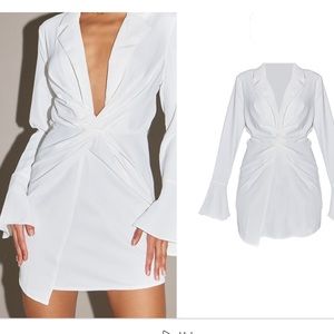 PrettyLittleThing Vhite Twist Detail Lapel Collar Shirt Dress